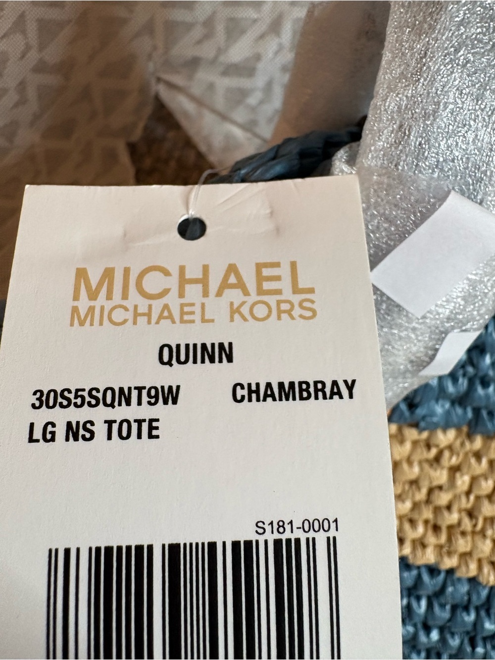 Michael Kors Quinn Striped Straw Tote Bag Cream & Blue - Picture 8 of 12